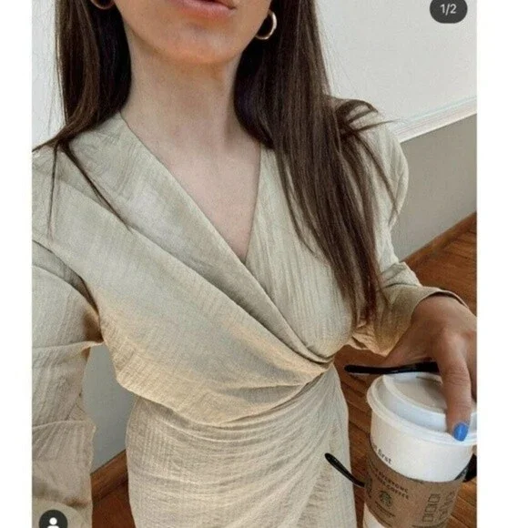 ZARA Dress Wrap Style Textured Midi Long Sleeve - Picture 6 of 15